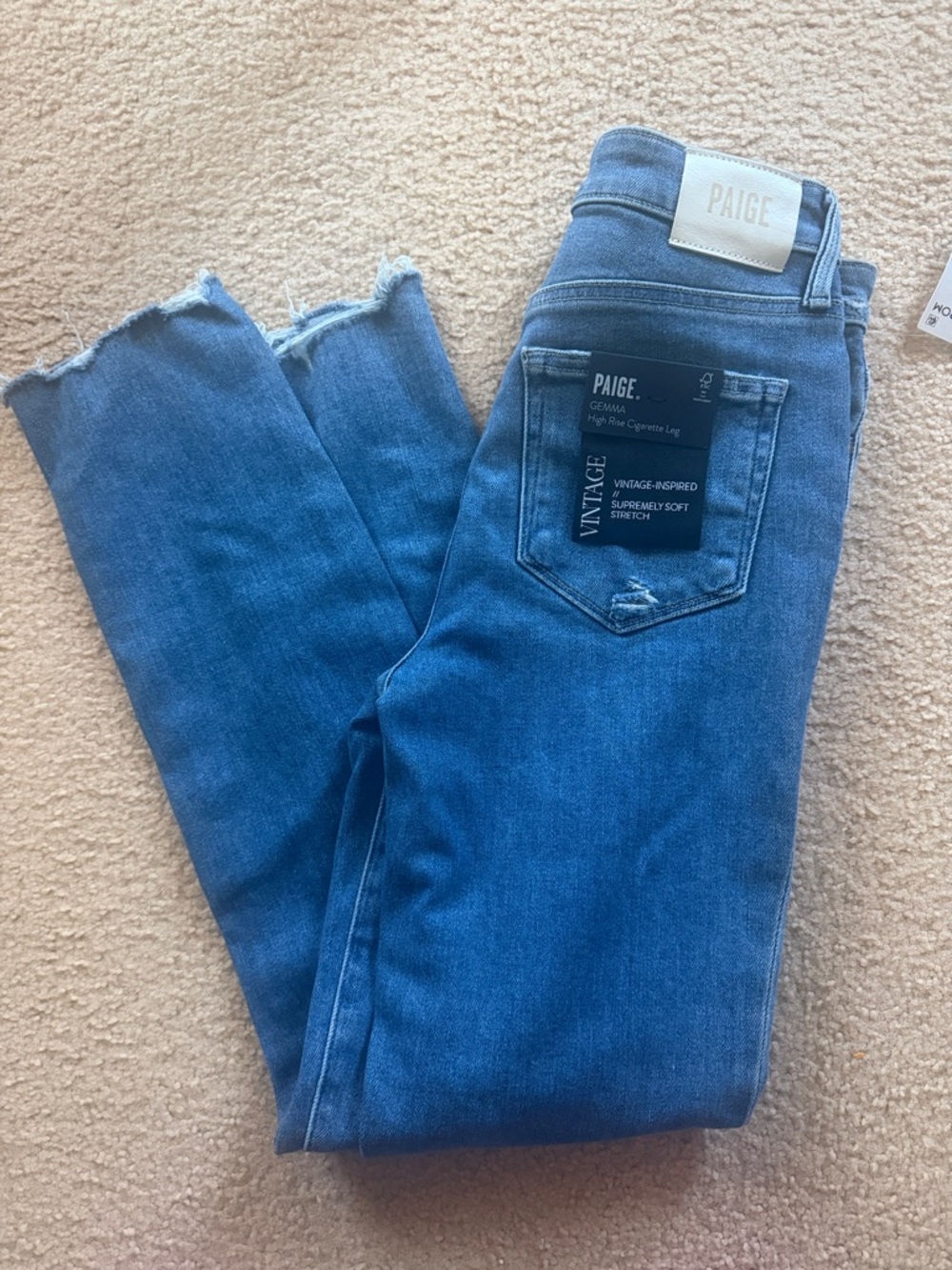 PAIGE Medium Blue High-Rise Cigarette Jeans with Raw Hem